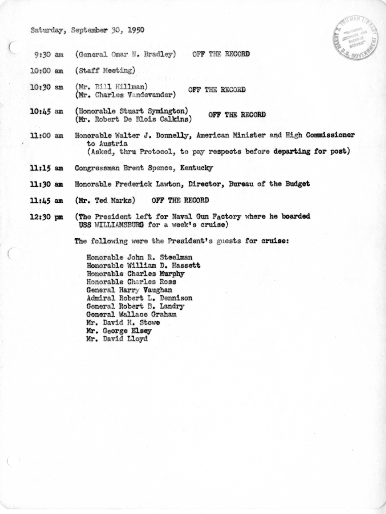 Daily Appointment Sheet for President Harry S. Truman