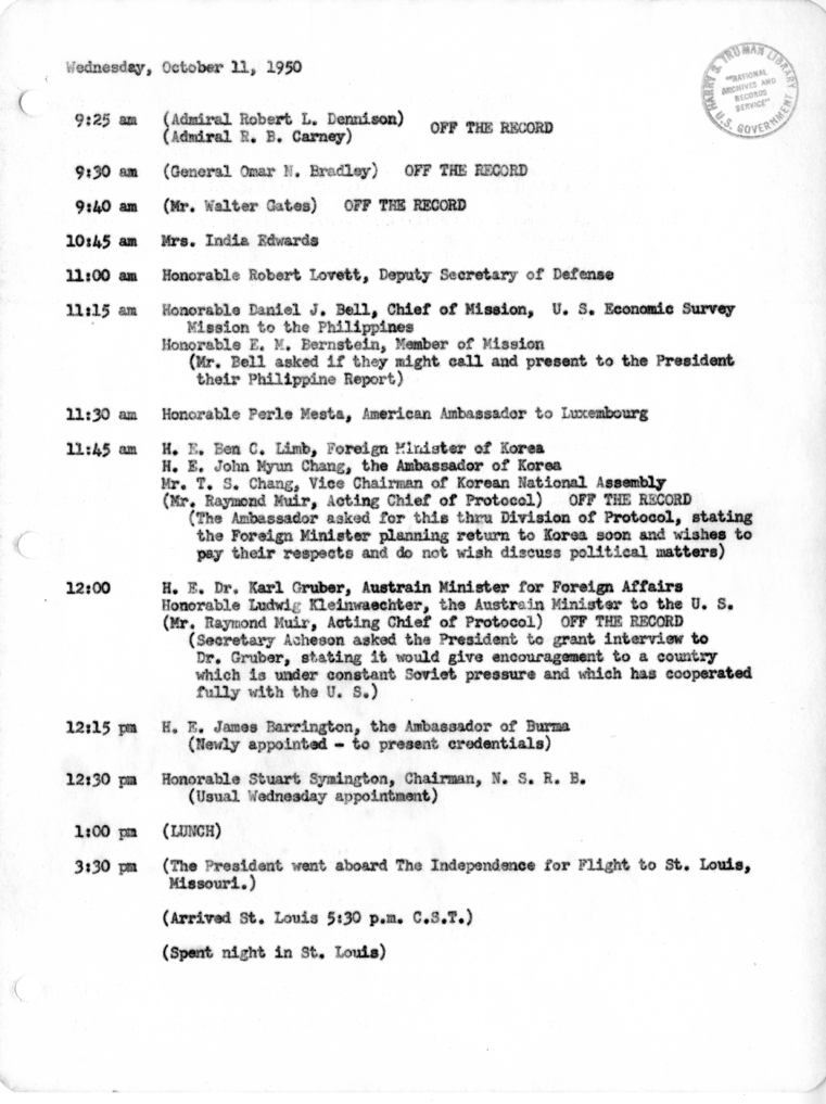 Daily Appointment Sheet for President Harry S. Truman