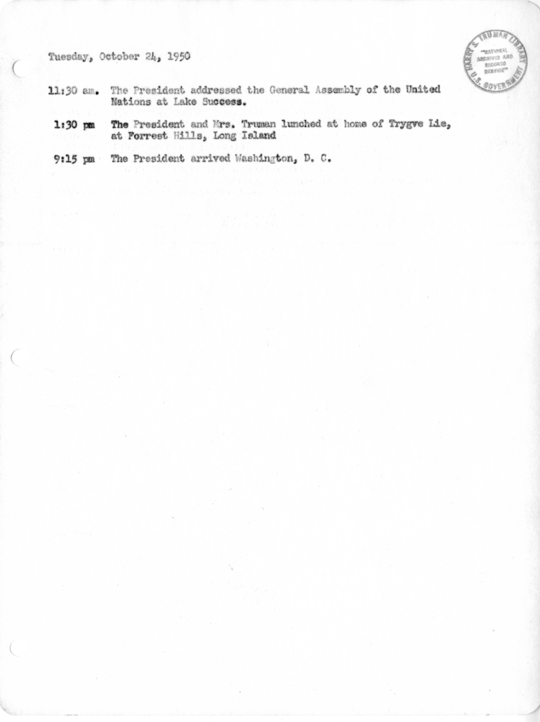 Daily Appointment Sheet for President Harry S. Truman