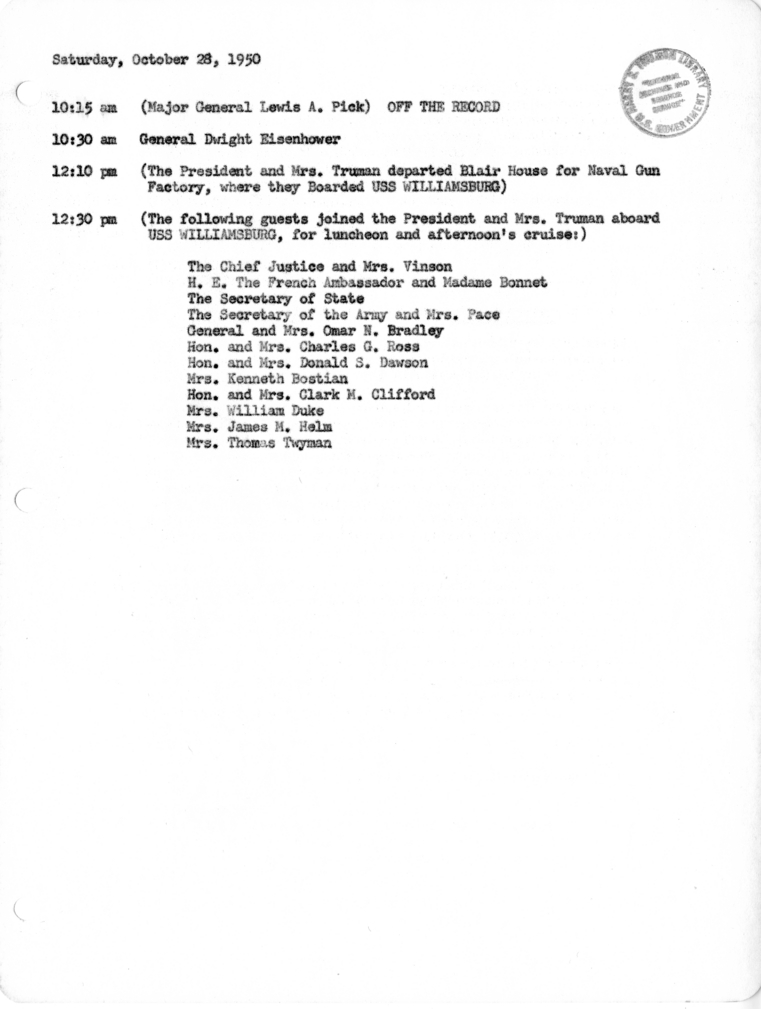 Daily Appointment Sheet for President Harry S. Truman