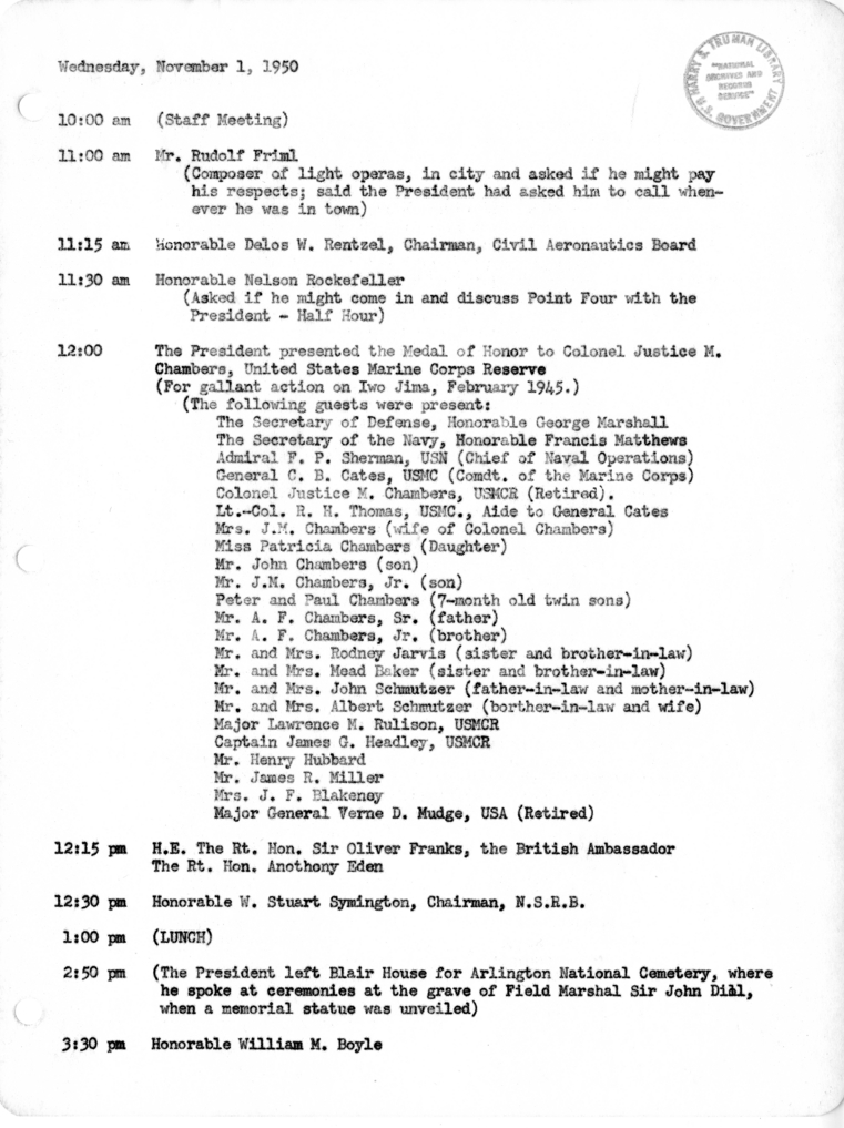 Daily Appointment Sheet for President Harry S. Truman