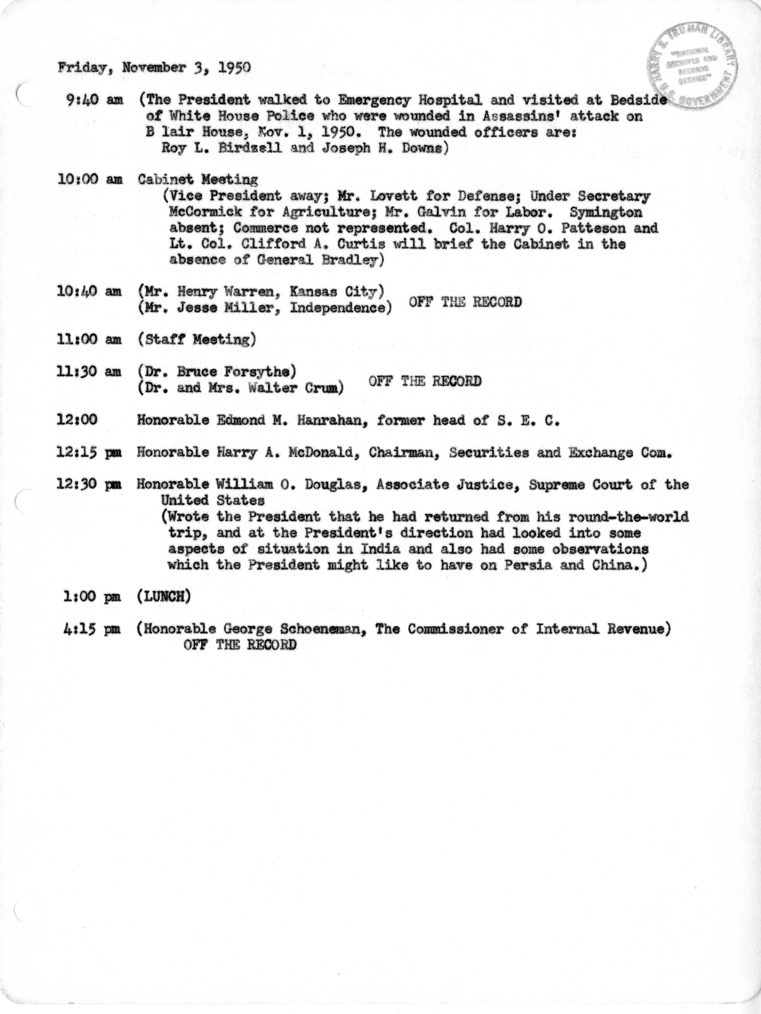 Daily Appointment Sheet for President Harry S. Truman