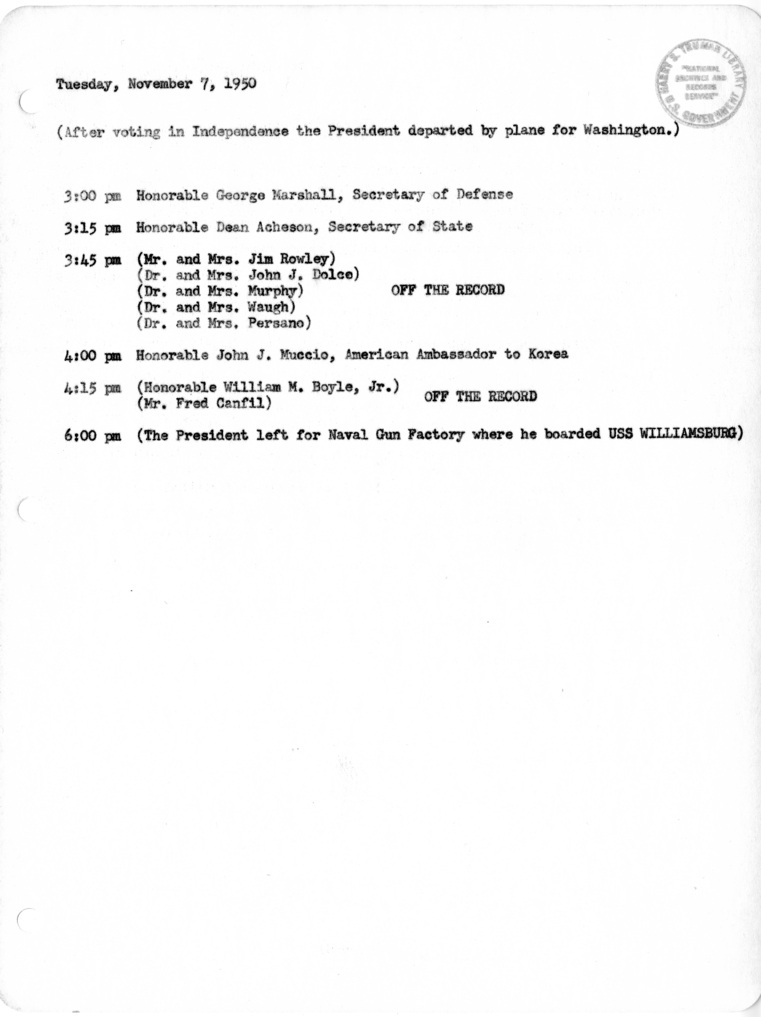 Daily Appointment Sheet for President Harry S. Truman