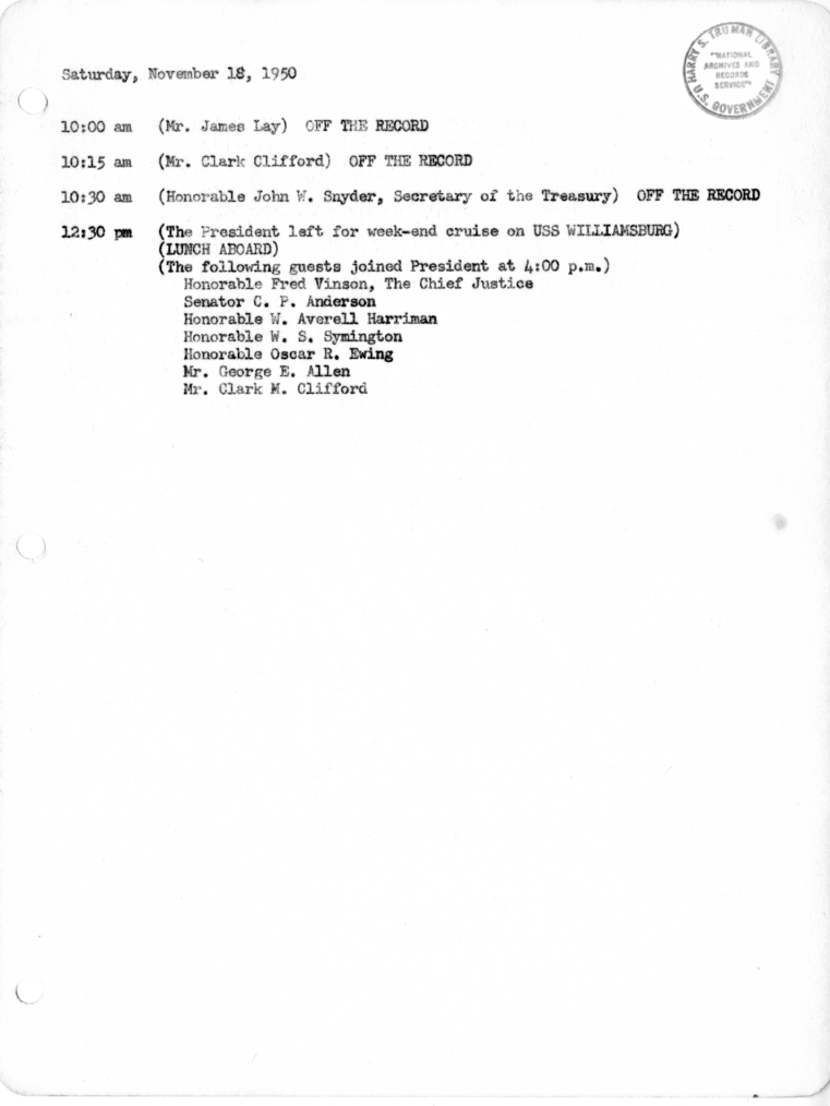 Daily Appointment Sheet for President Harry S. Truman