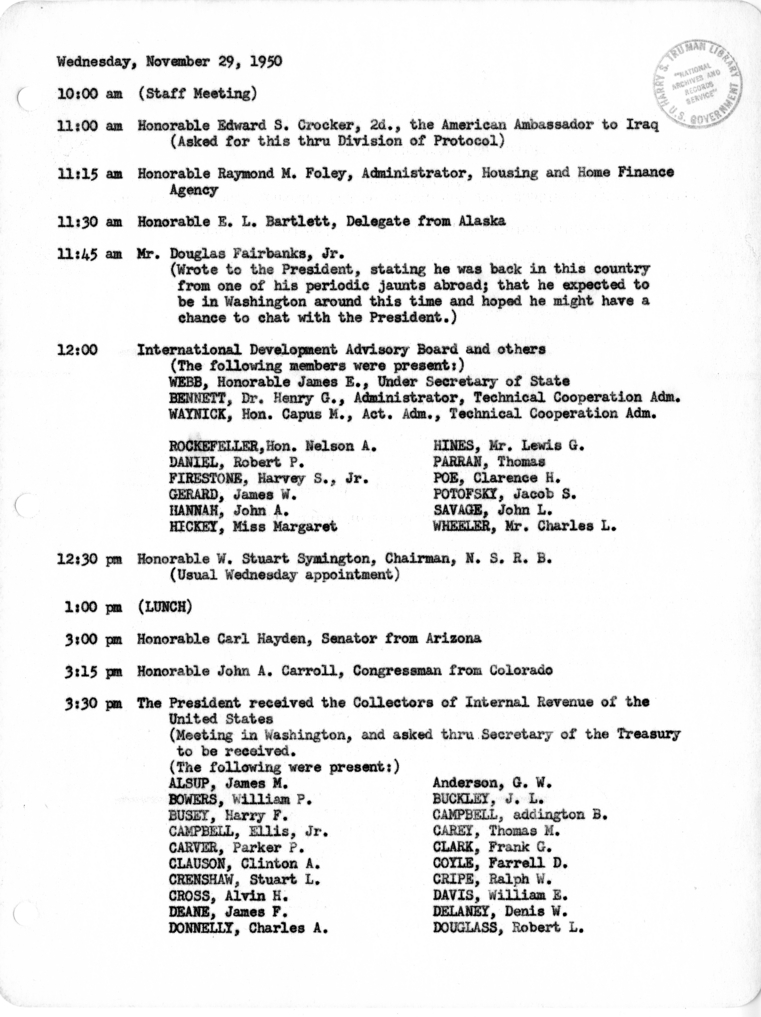 Daily Appointment Sheet for President Harry S. Truman