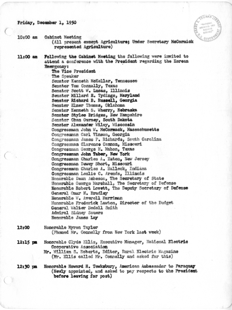 Daily Appointment Sheet for President Harry S. Truman