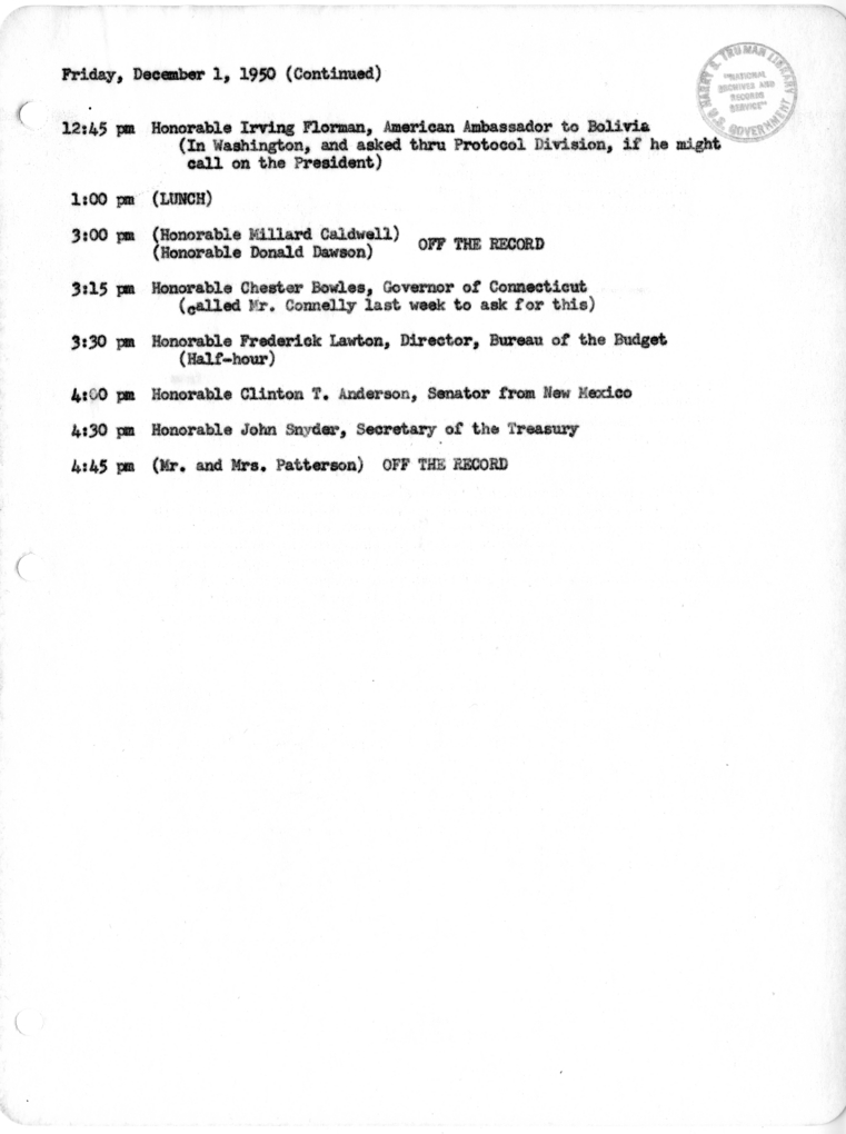 Daily Appointment Sheet for President Harry S. Truman