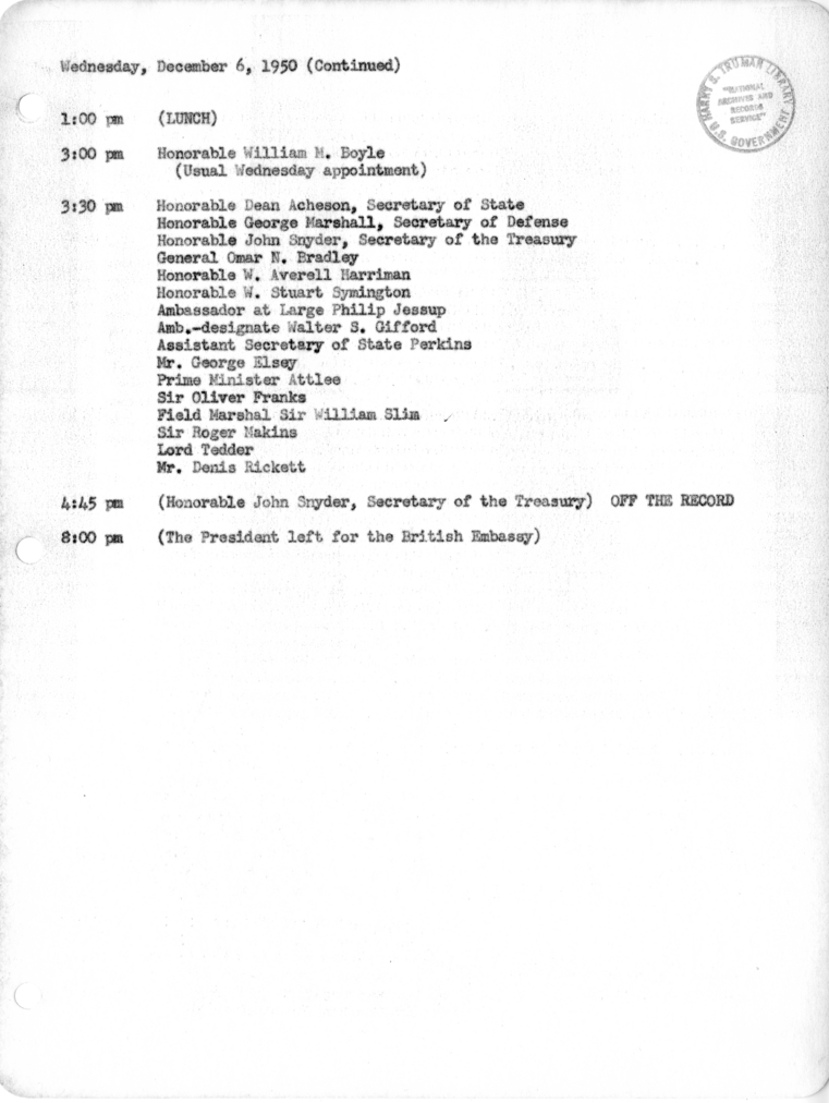 Daily Appointment Sheet for President Harry S. Truman
