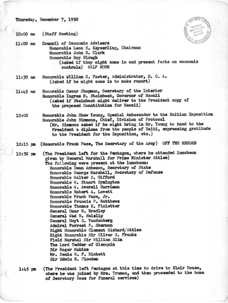 Daily Appointment Sheet for President Harry S. Truman