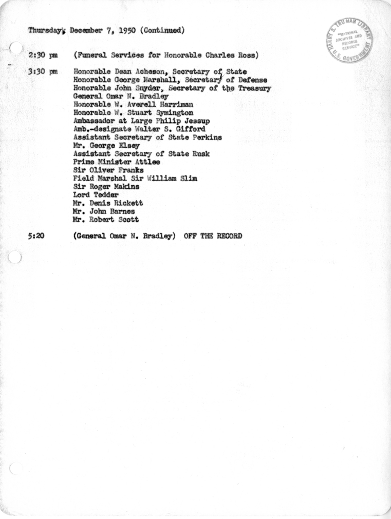 Daily Appointment Sheet for President Harry S. Truman