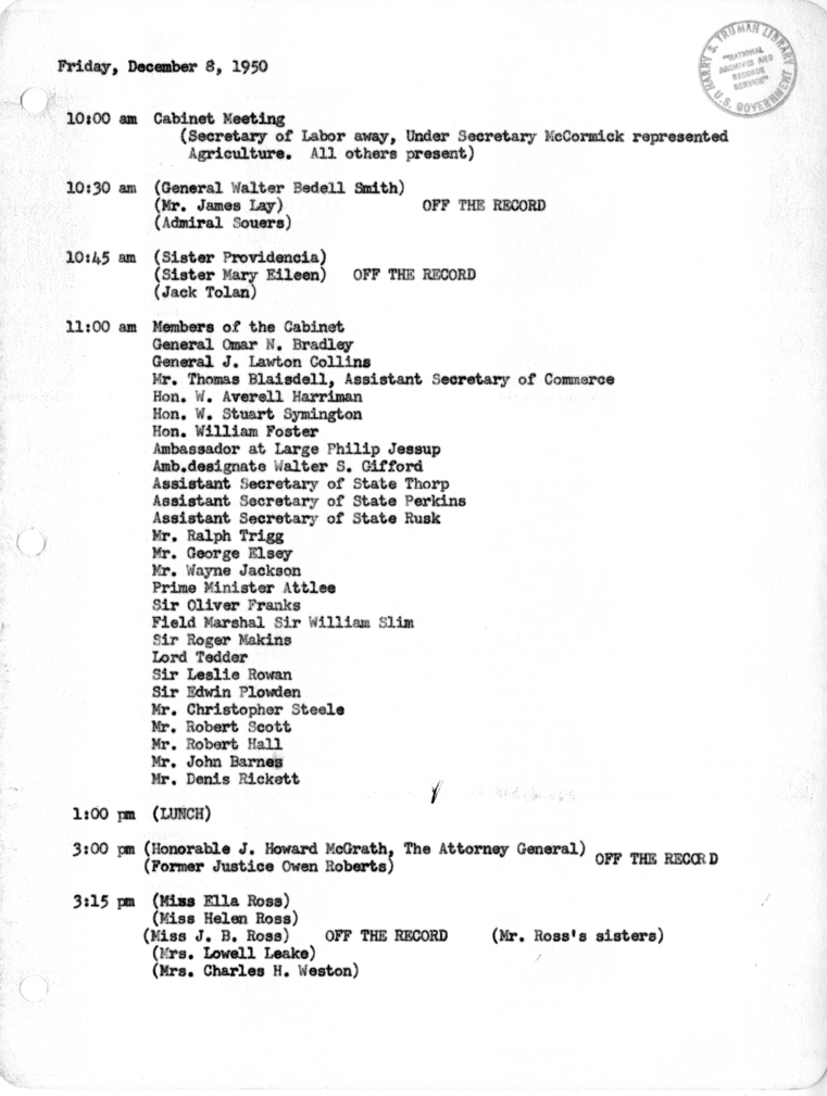 Daily Appointment Sheet for President Harry S. Truman
