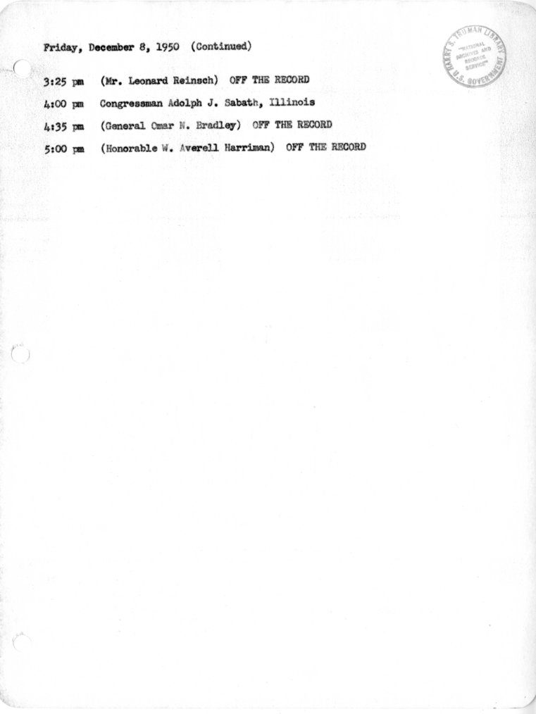 Daily Appointment Sheet for President Harry S. Truman