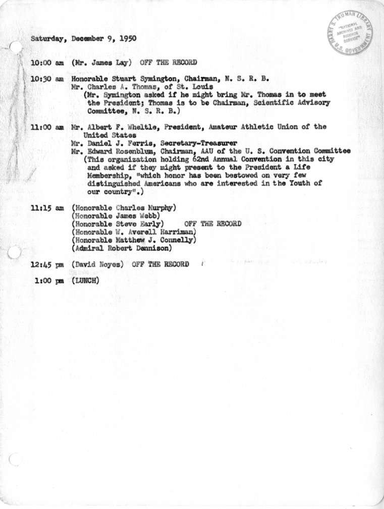 Daily Appointment Sheet for President Harry S. Truman