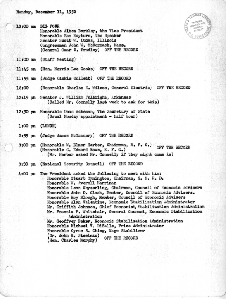 Daily Appointment Sheet for President Harry S. Truman