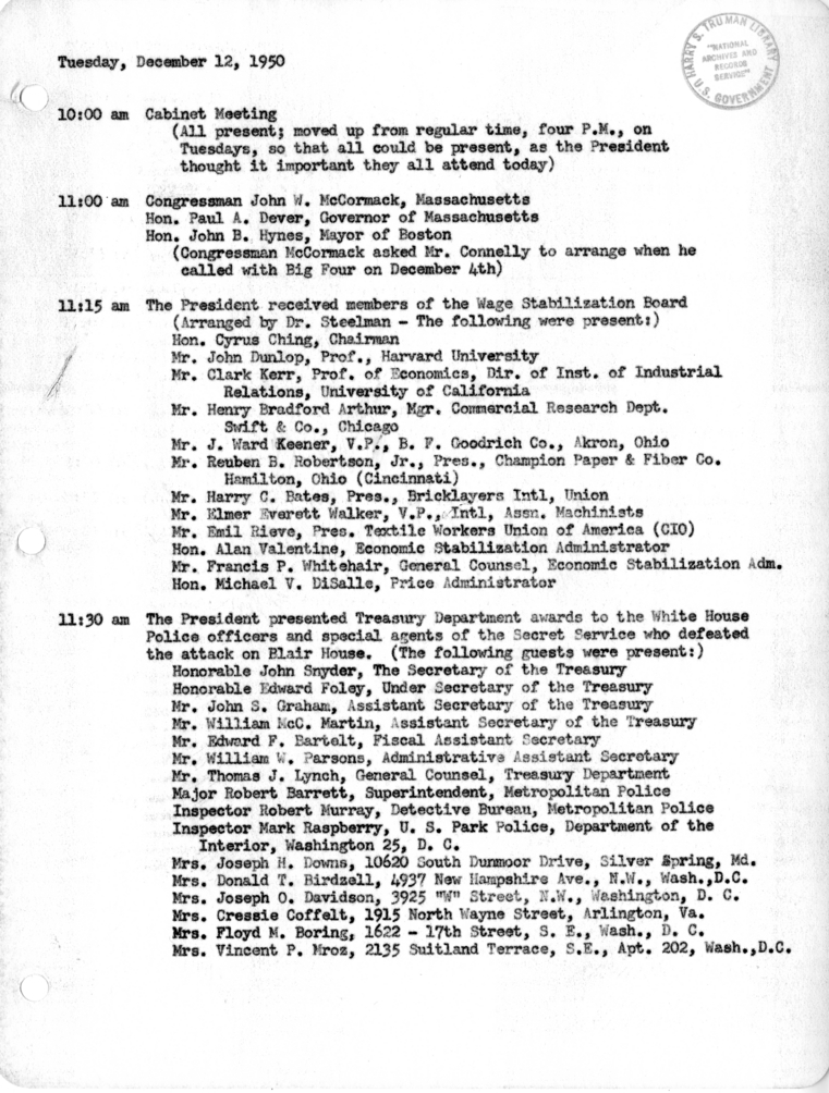 Daily Appointment Sheet for President Harry S. Truman
