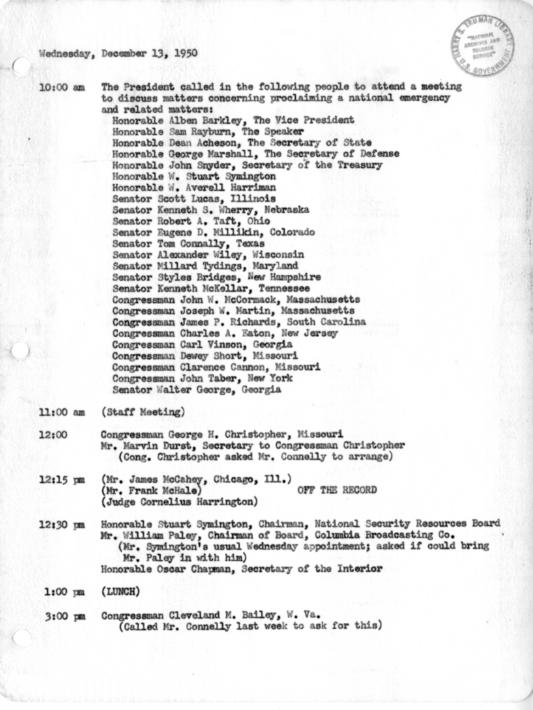 Daily Appointment Sheet for President Harry S. Truman