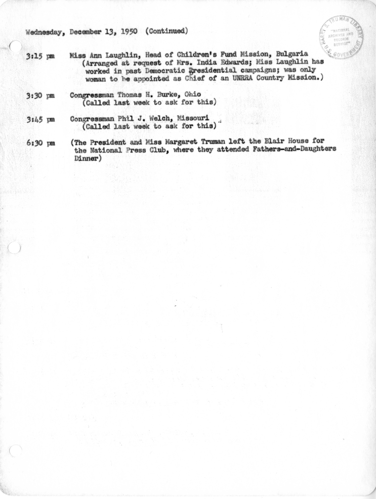 Daily Appointment Sheet for President Harry S. Truman
