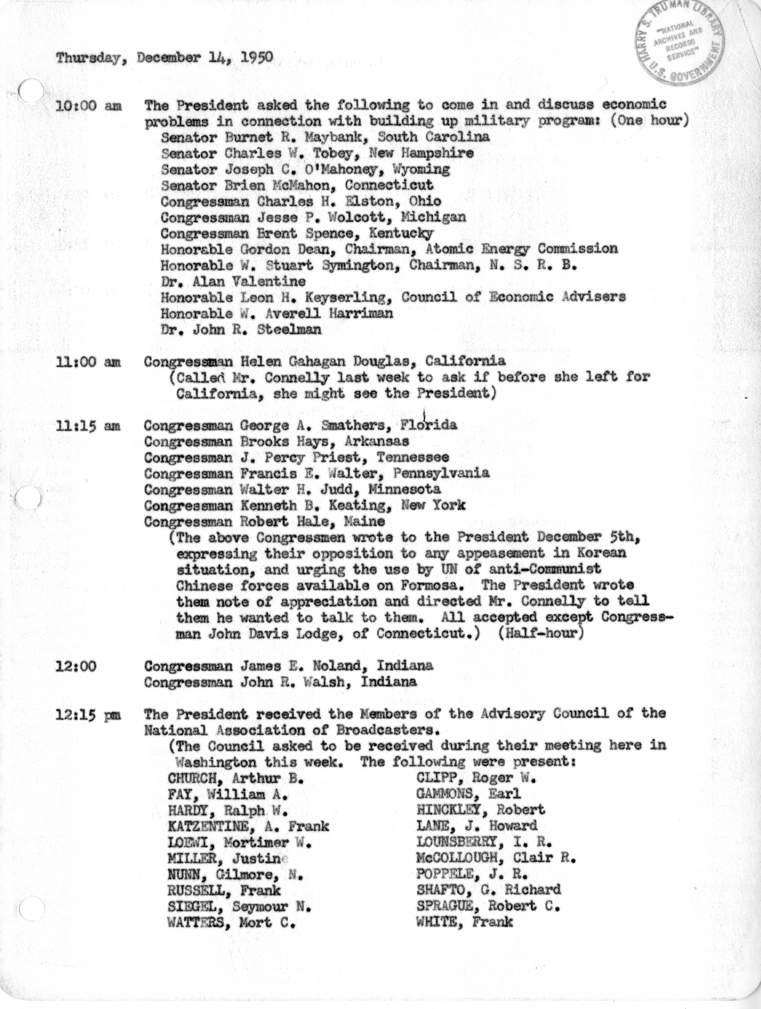 Daily Appointment Sheet for President Harry S. Truman
