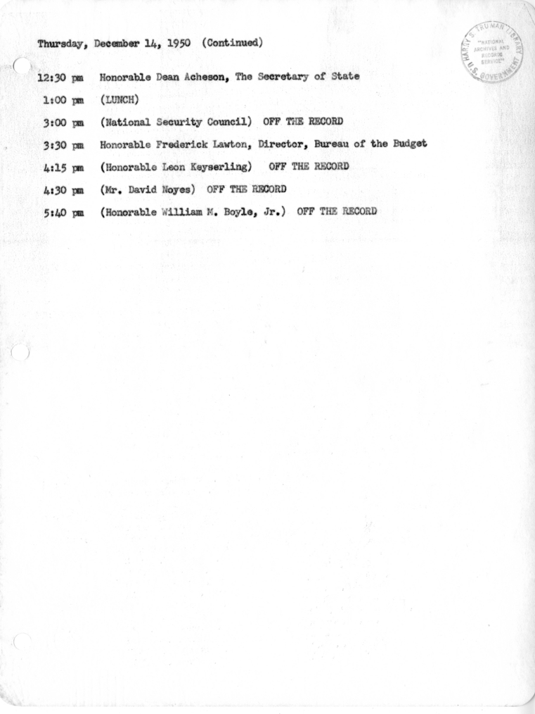 Daily Appointment Sheet for President Harry S. Truman