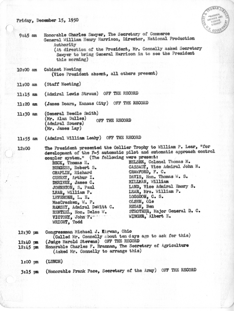 Daily Appointment Sheet for President Harry S. Truman