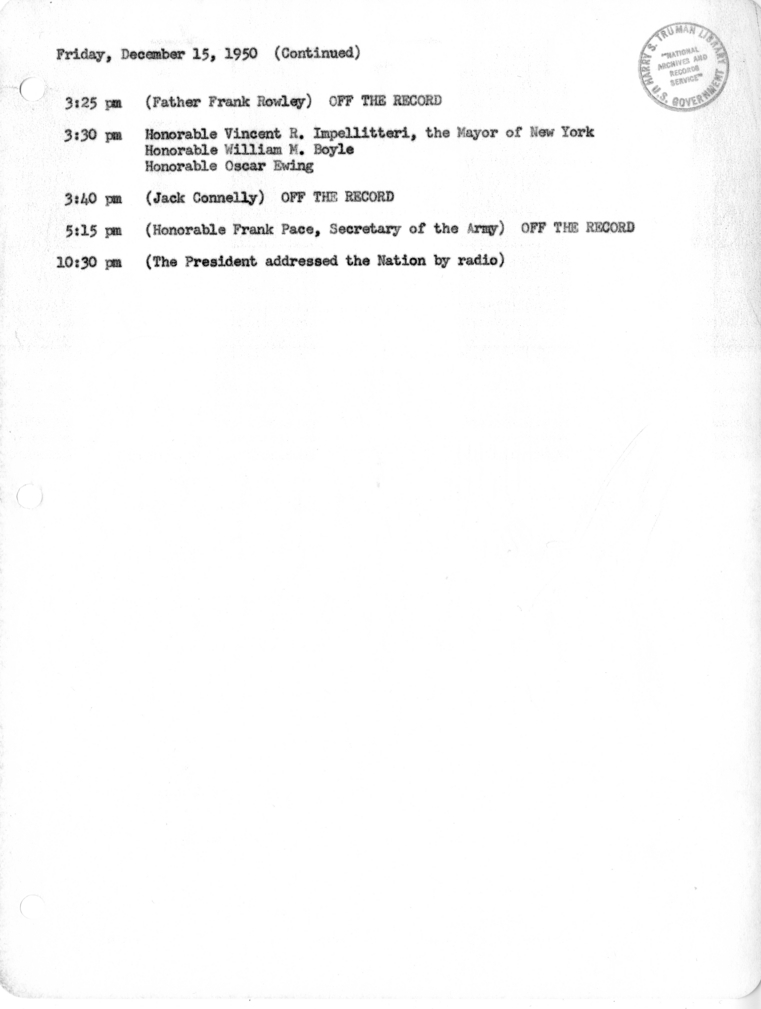Daily Appointment Sheet for President Harry S. Truman