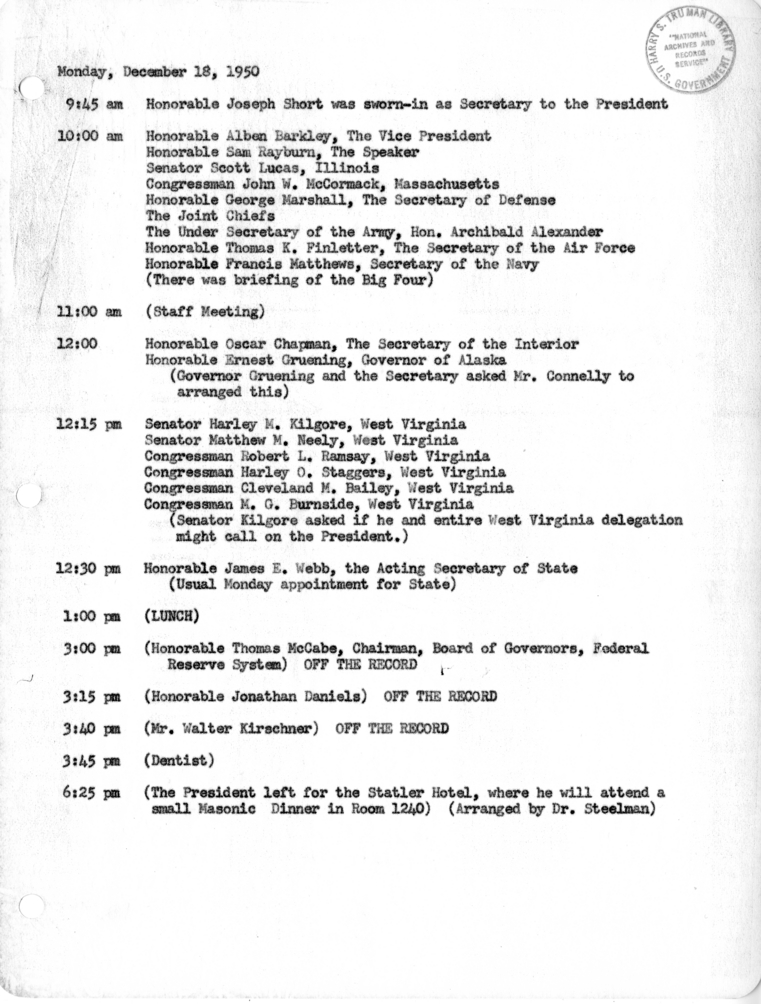 Daily Appointment Sheet for President Harry S. Truman