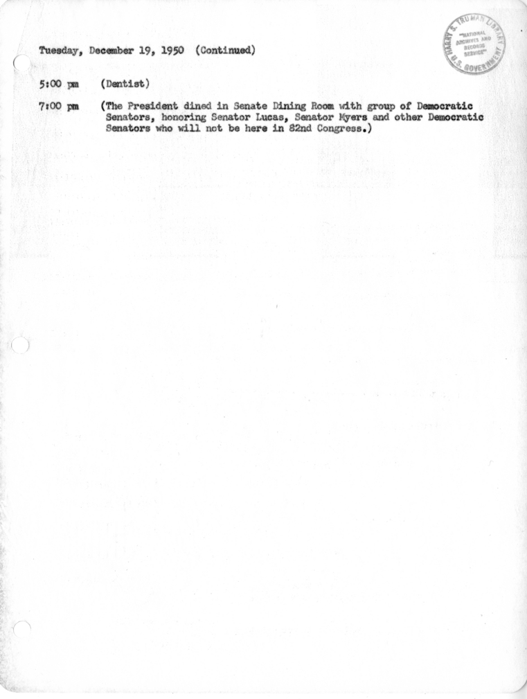 Daily Appointment Sheet for President Harry S. Truman