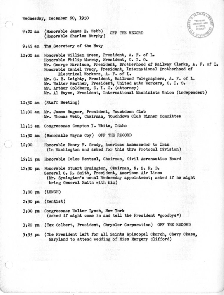 Daily Appointment Sheet for President Harry S. Truman