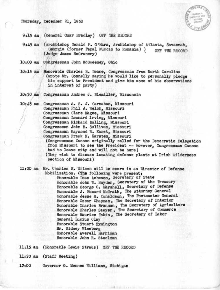 Daily Appointment Sheet for President Harry S. Truman