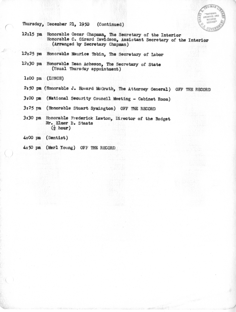 Daily Appointment Sheet for President Harry S. Truman