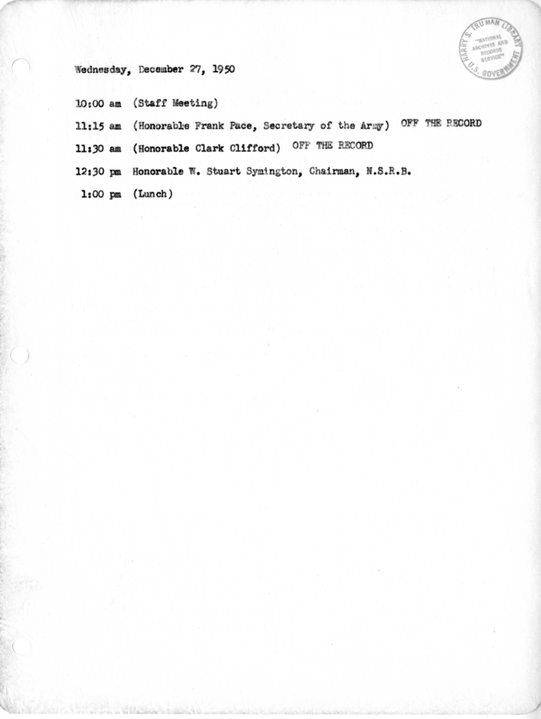 Daily Appointment Sheet for President Harry S. Truman