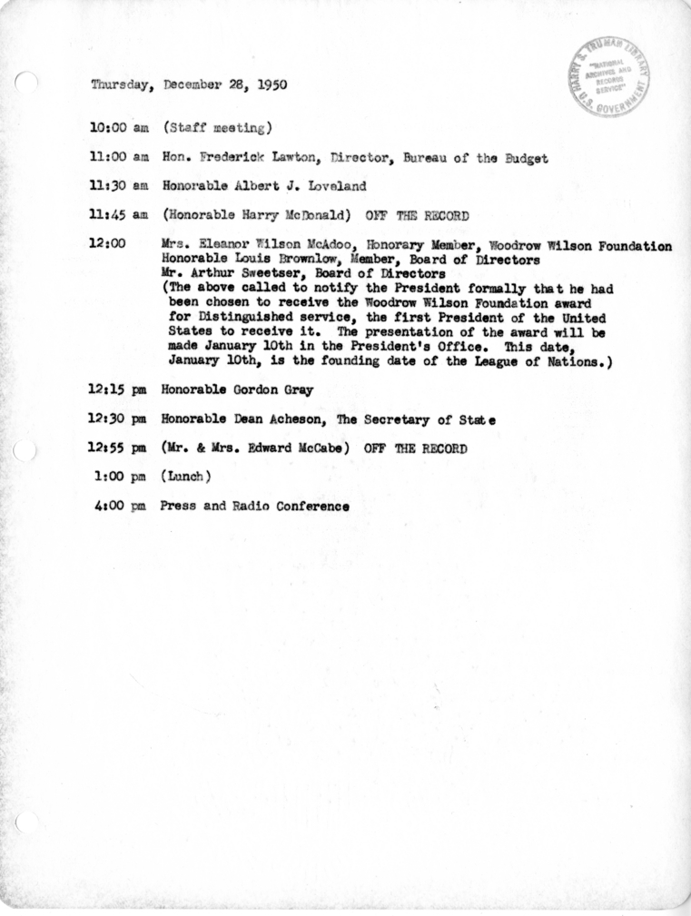 Daily Appointment Sheet for President Harry S. Truman