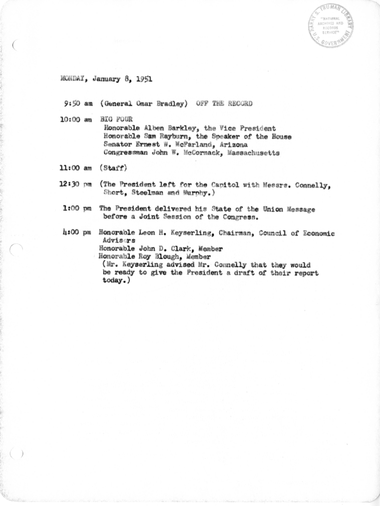 Daily Appointment Sheet for President Harry S. Truman