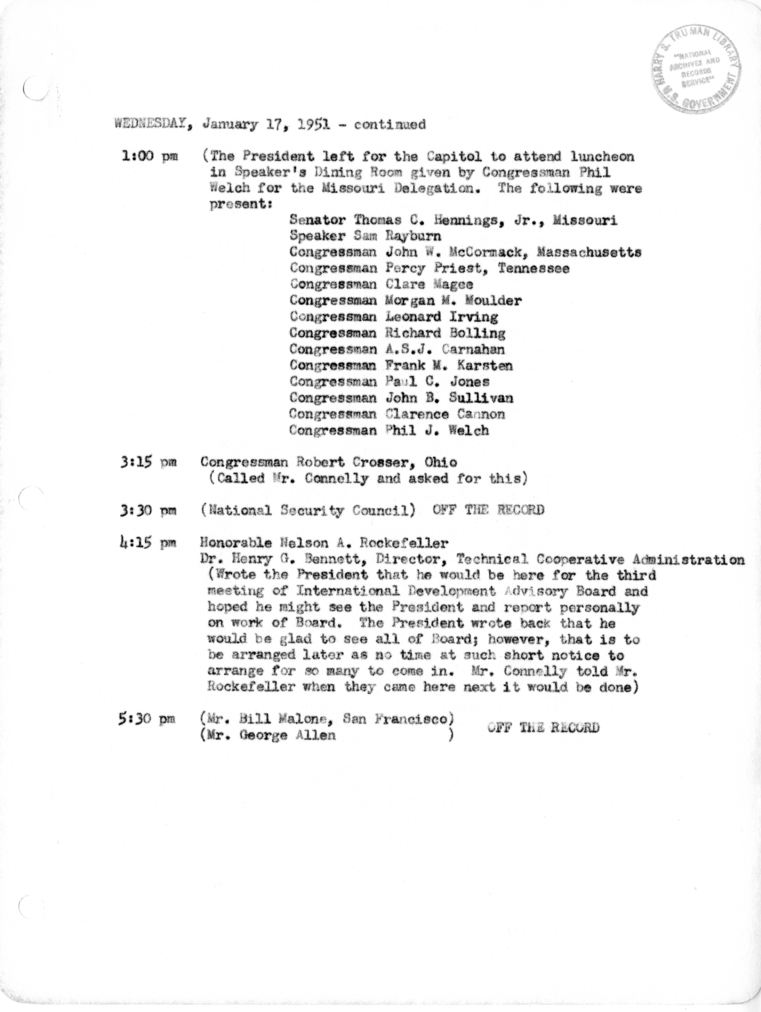 Daily Appointment Sheet for President Harry S. Truman