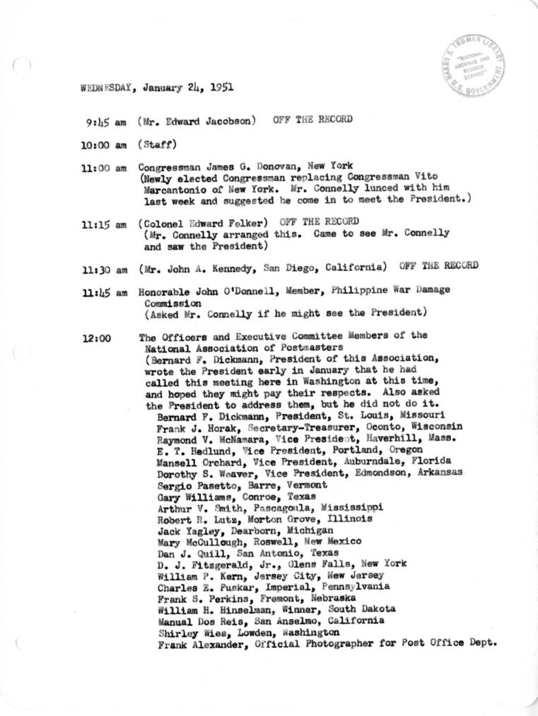 Daily Appointment Sheet for President Harry S. Truman