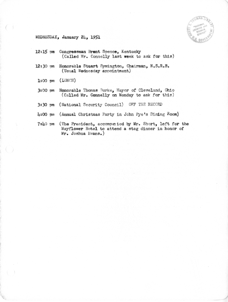 Daily Appointment Sheet for President Harry S. Truman