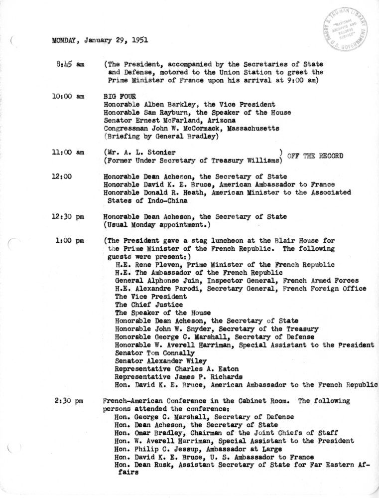 Daily Appointment Sheet for President Harry S. Truman