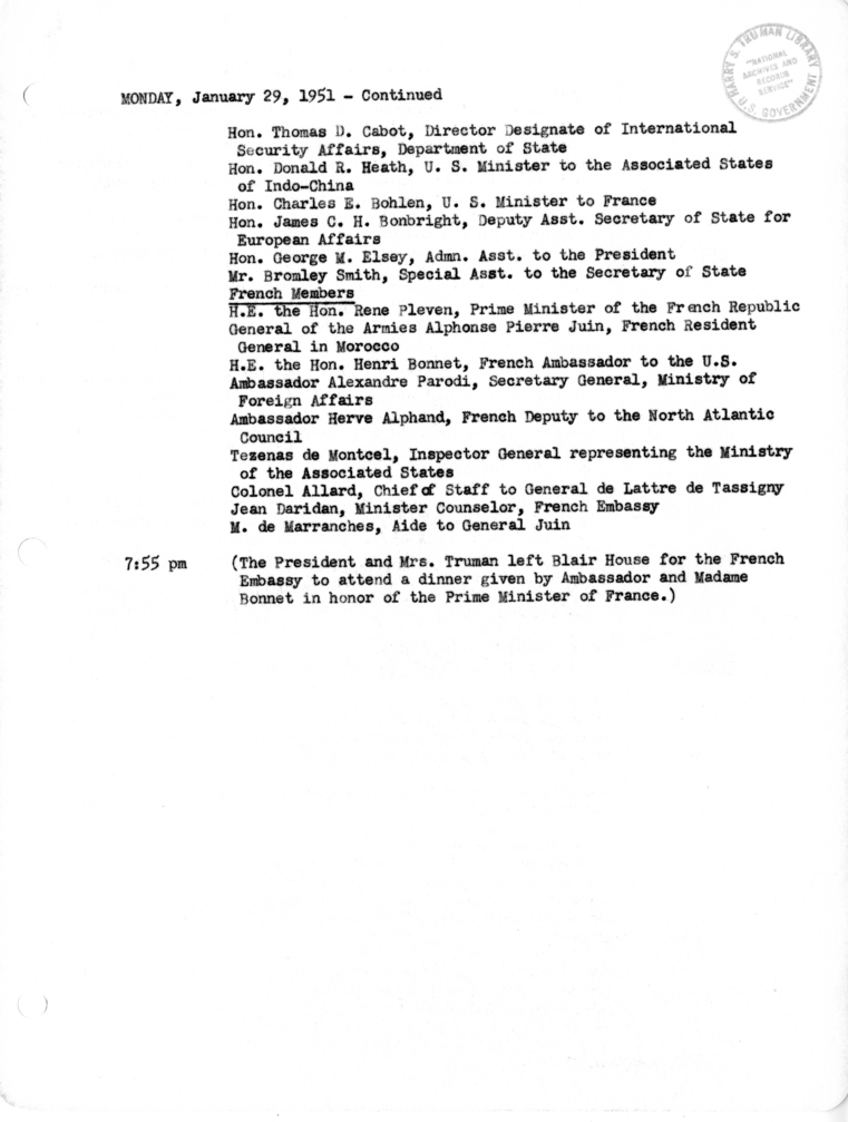 Daily Appointment Sheet for President Harry S. Truman