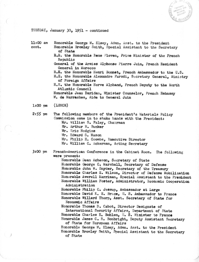 Daily Appointment Sheet for President Harry S. Truman