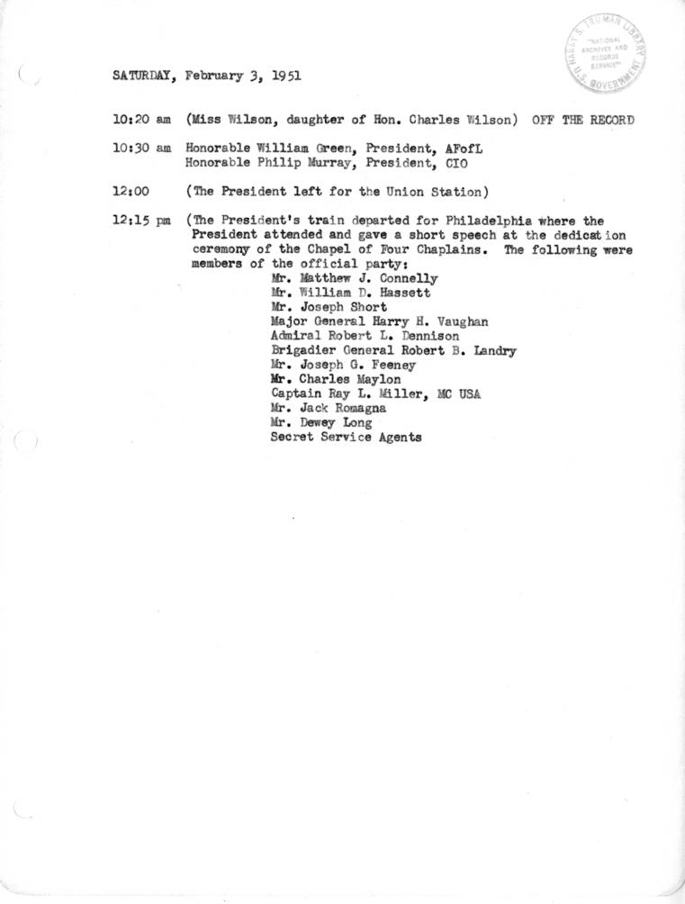 Daily Appointment Sheet for President Harry S. Truman