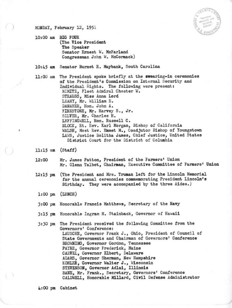 Daily Appointment Sheet for President Harry S. Truman