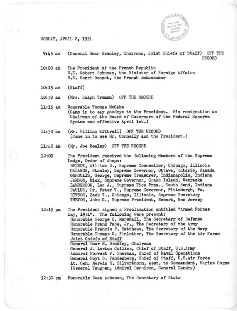 Daily Appointment Sheet for President Harry S. Truman