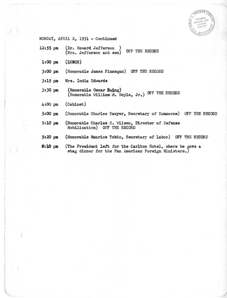 Daily Appointment Sheet for President Harry S. Truman