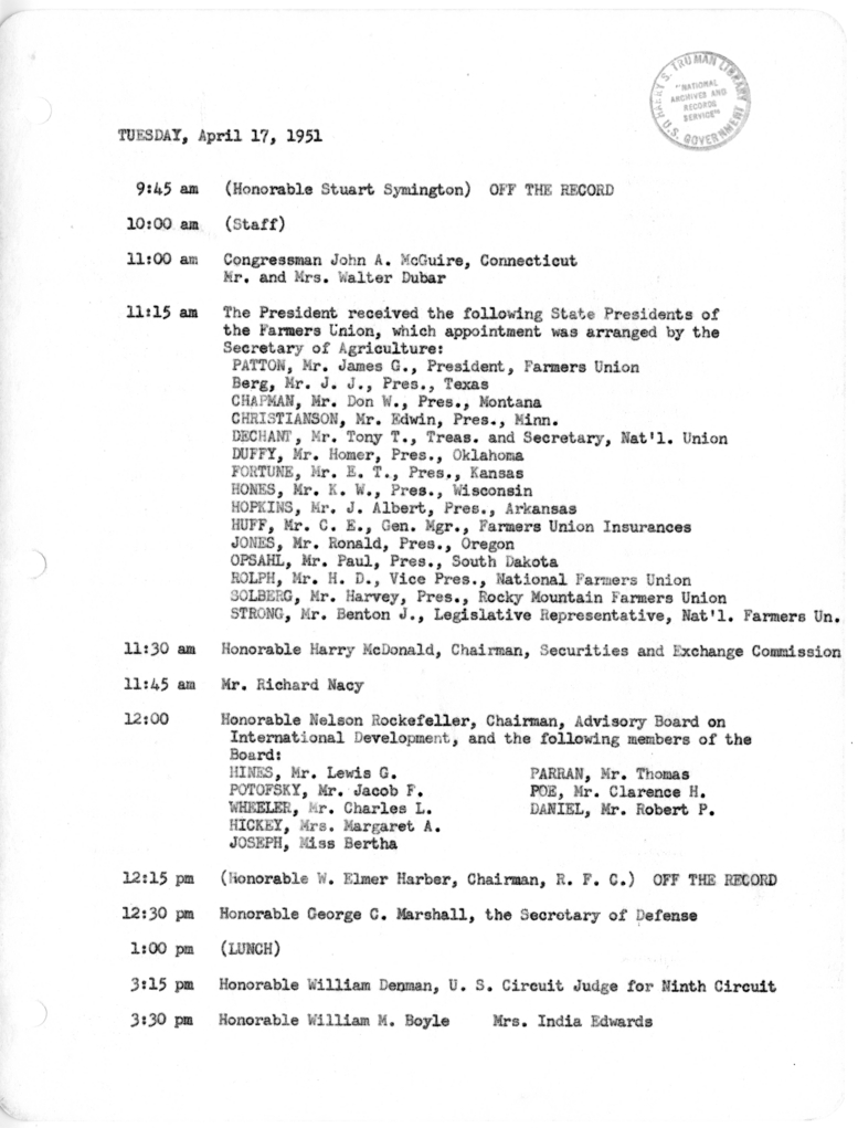 Daily Appointment Sheet for President Harry S. Truman