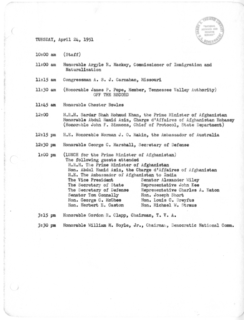 Daily Appointment Sheet for President Harry S. Truman