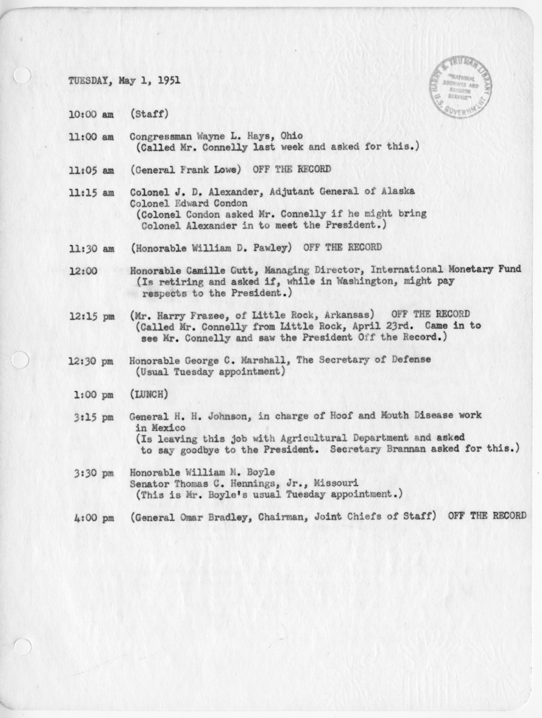 Daily Appointment Sheet for President Harry S. Truman