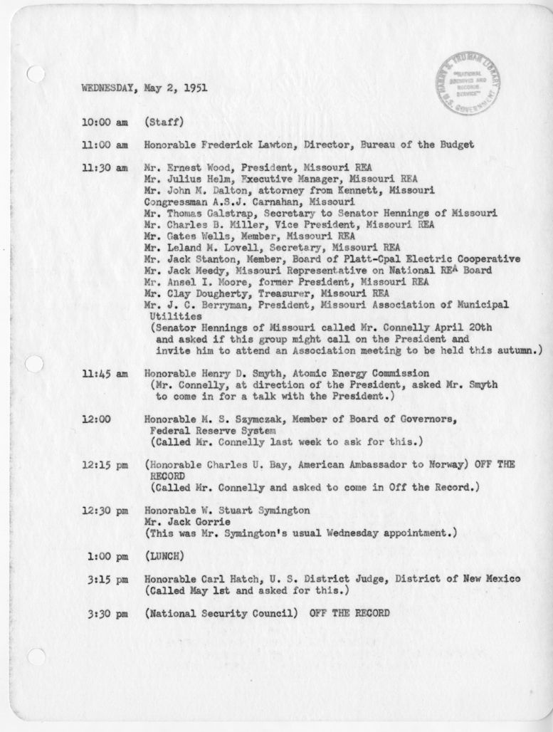 Daily Appointment Sheet for President Harry S. Truman