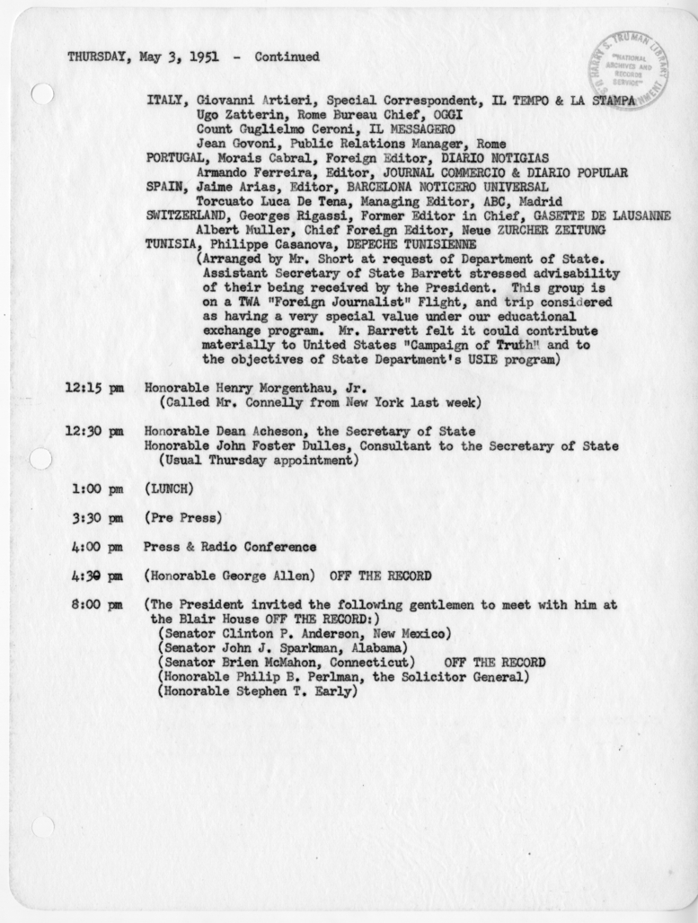Daily Appointment Sheet for President Harry S. Truman