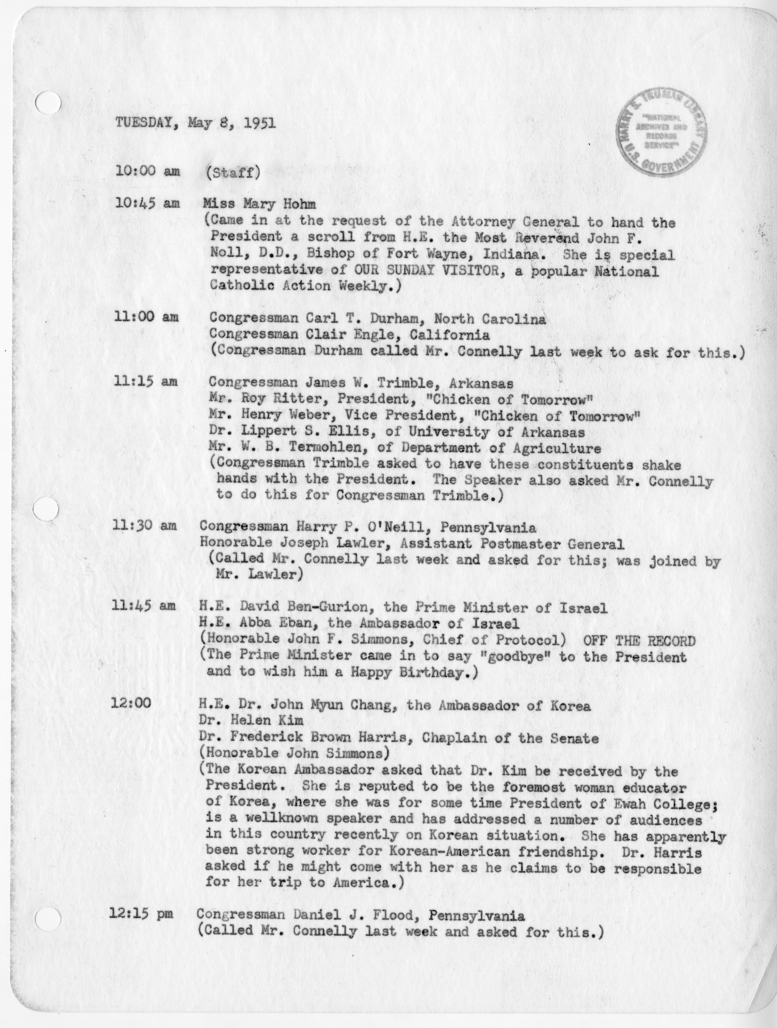 Daily Appointment Sheet for President Harry S. Truman