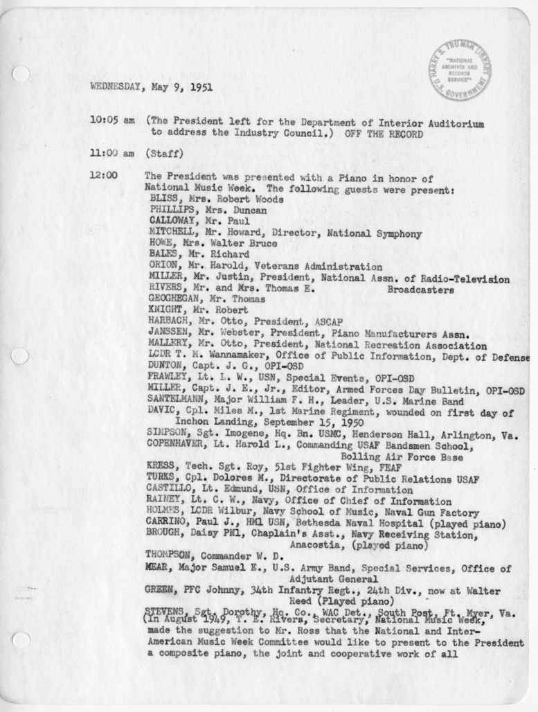 Daily Appointment Sheet for President Harry S. Truman